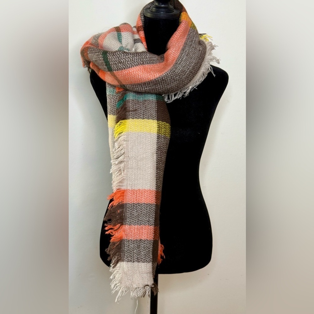 Funky monkey oversized plaid shawl scarf earth tone colors EUC